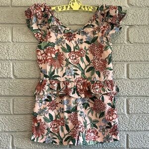 Janie and Jack Girls Floral Pink Green and Blue Ruffle Romper Flutter Sleeves 4T